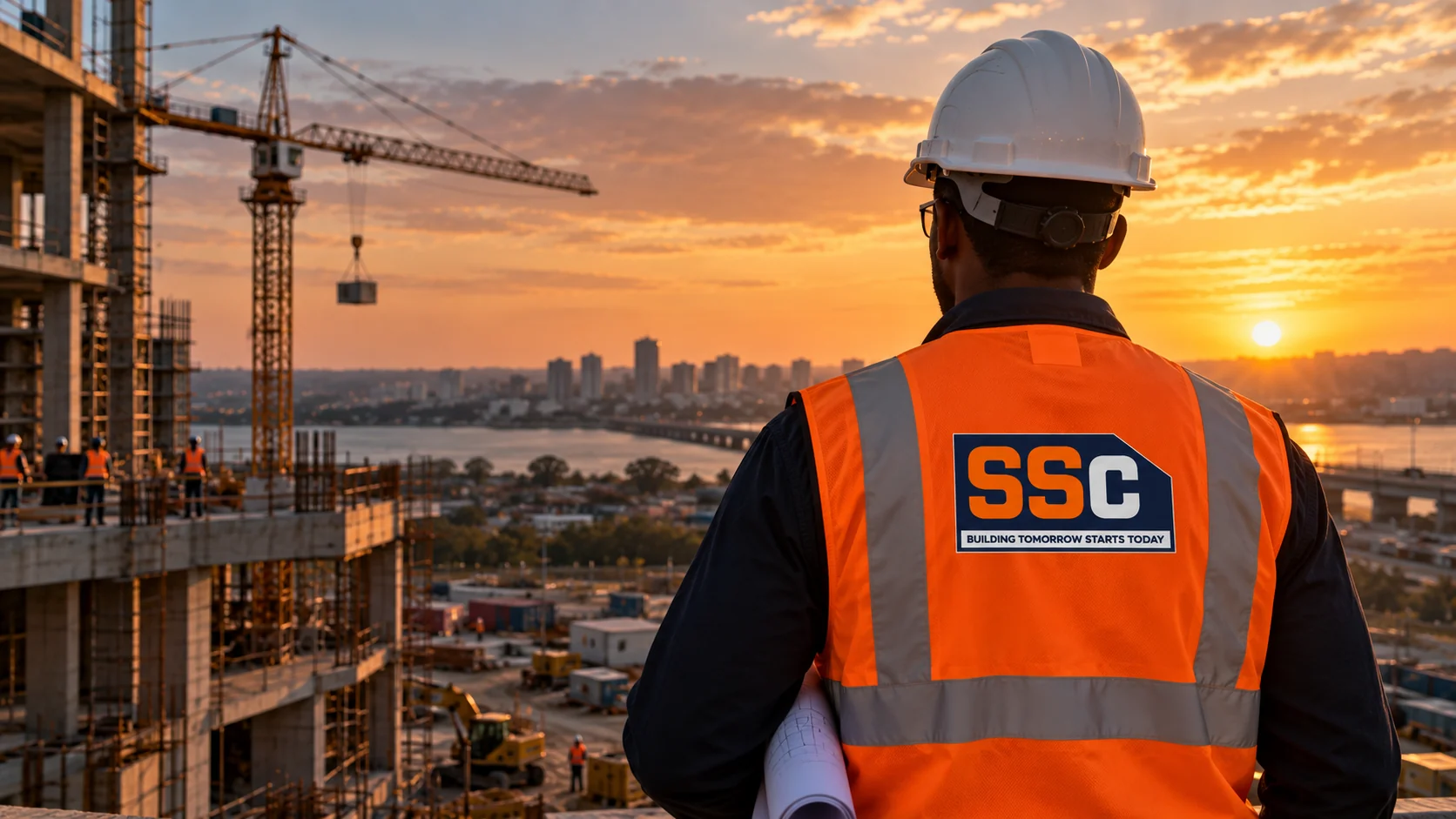 SS Construções engineer on a construction site in Mozambique at sunset