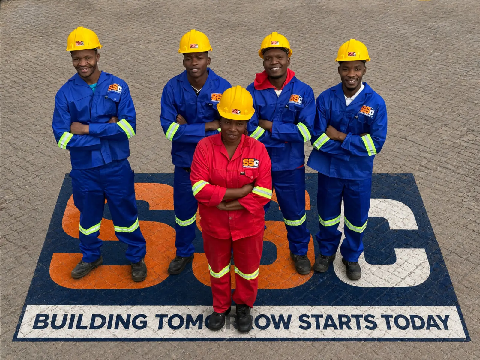 SSC Construções team standing on the SSC — Building Tomorrow Starts Today floor logo